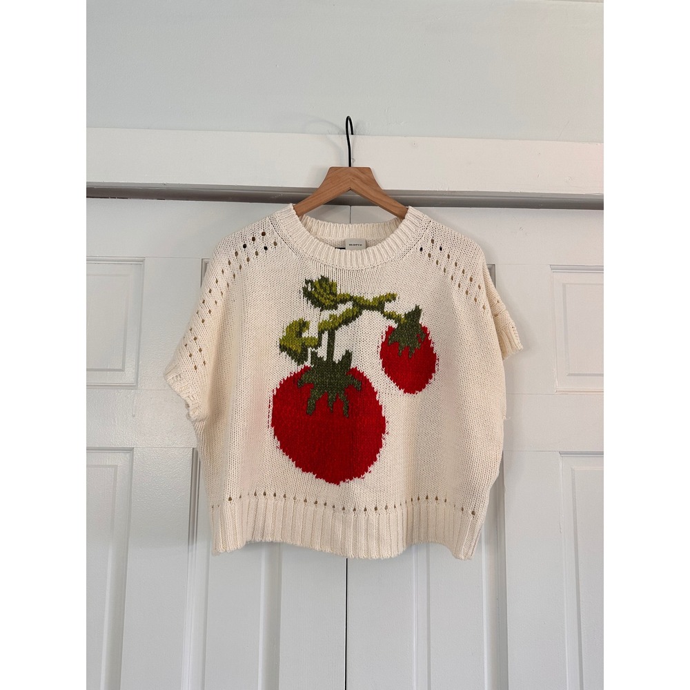 Anthropologie Maeve Crew Neck Tomato Veggie Motif Graphic Sweater Small Cream - Picture 2 of 6